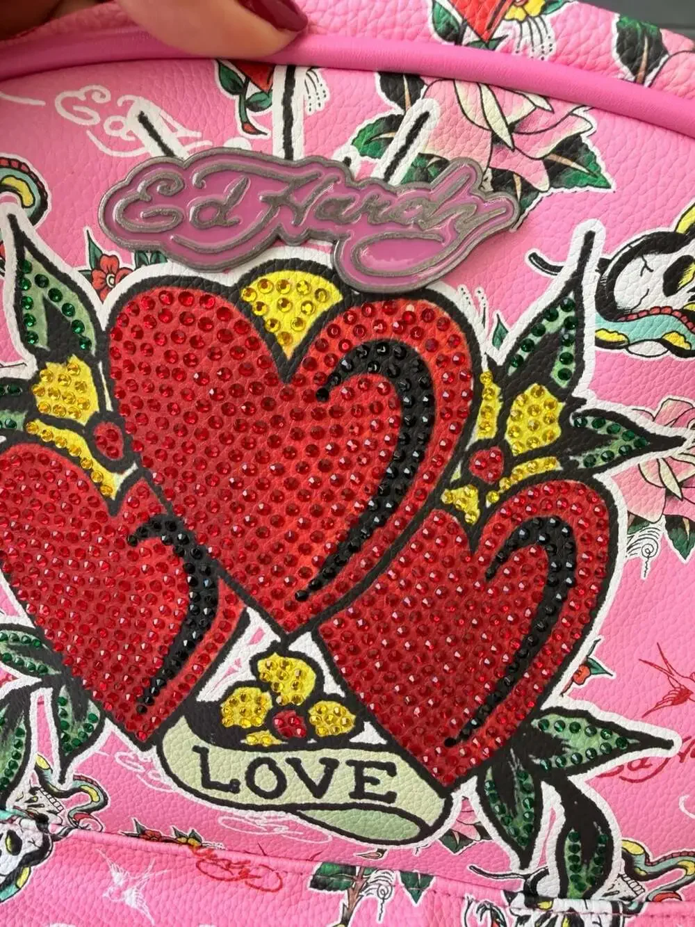 Ed Hardy Pink Tattoo Print Vegan Leather Backpack